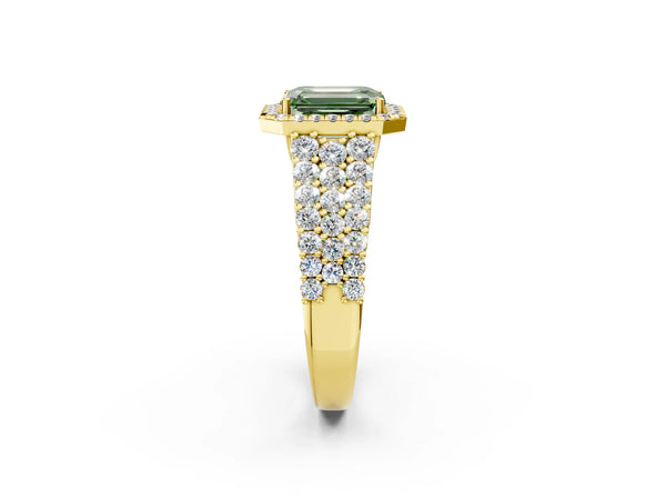 Yellow gold Fancy Green Emerald Cut Halo Pavé Diamond Engagement Ring with Split Shank and Four-Prong Setting