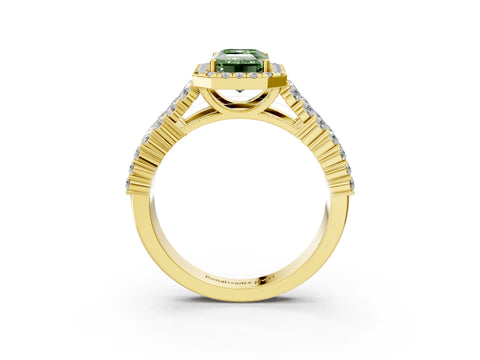 Yellow gold Fancy Green Emerald Cut Halo Pavé Diamond Engagement Ring with Split Shank and Four-Prong Setting_6