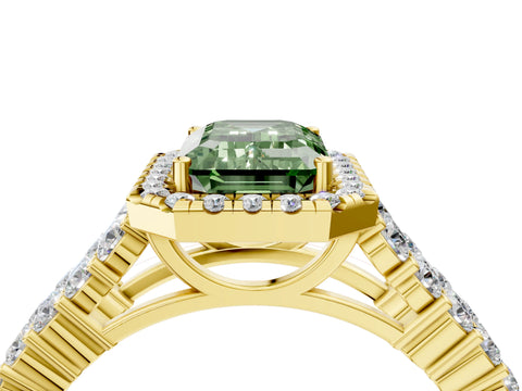 Yellow gold Fancy Green Emerald Cut Halo Pavé Diamond Engagement Ring with Split Shank and Four-Prong Setting_7
