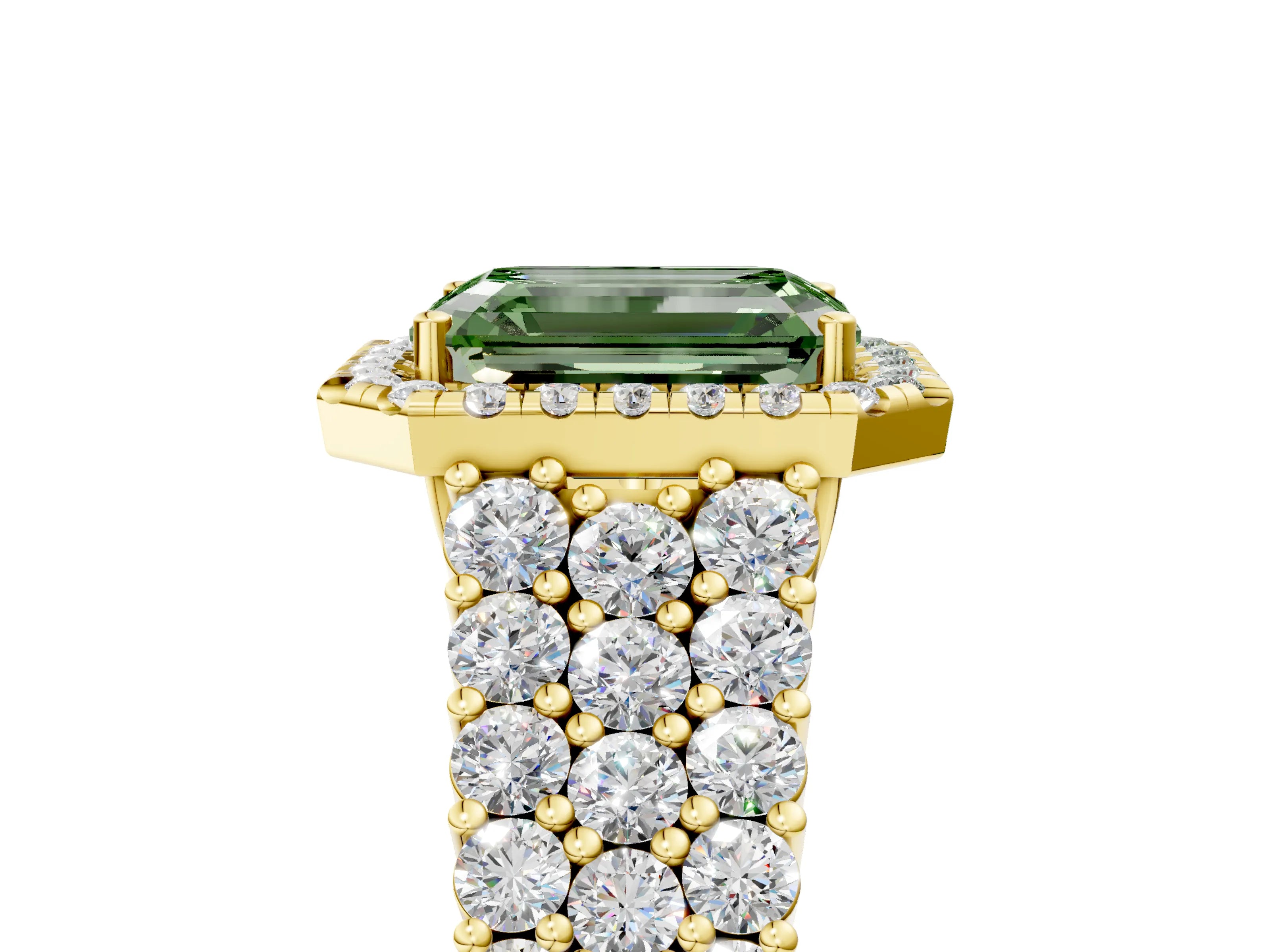 Yellow gold Fancy Green Emerald Cut Halo Pavé Diamond Engagement Ring with Split Shank and Four-Prong Setting_8