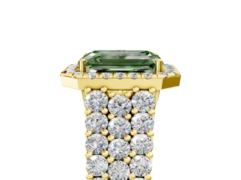 Yellow gold Fancy Green Emerald Cut Halo Pavé Diamond Engagement Ring with Split Shank and Four-Prong Setting_8