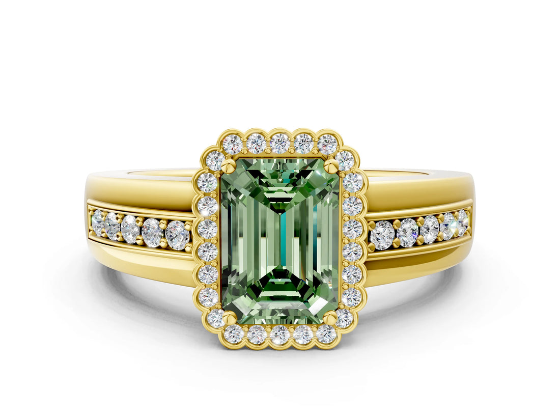 Yellow gold Fancy Green Emerald  Cut Halo Pave Band Four-Prong Ring_49