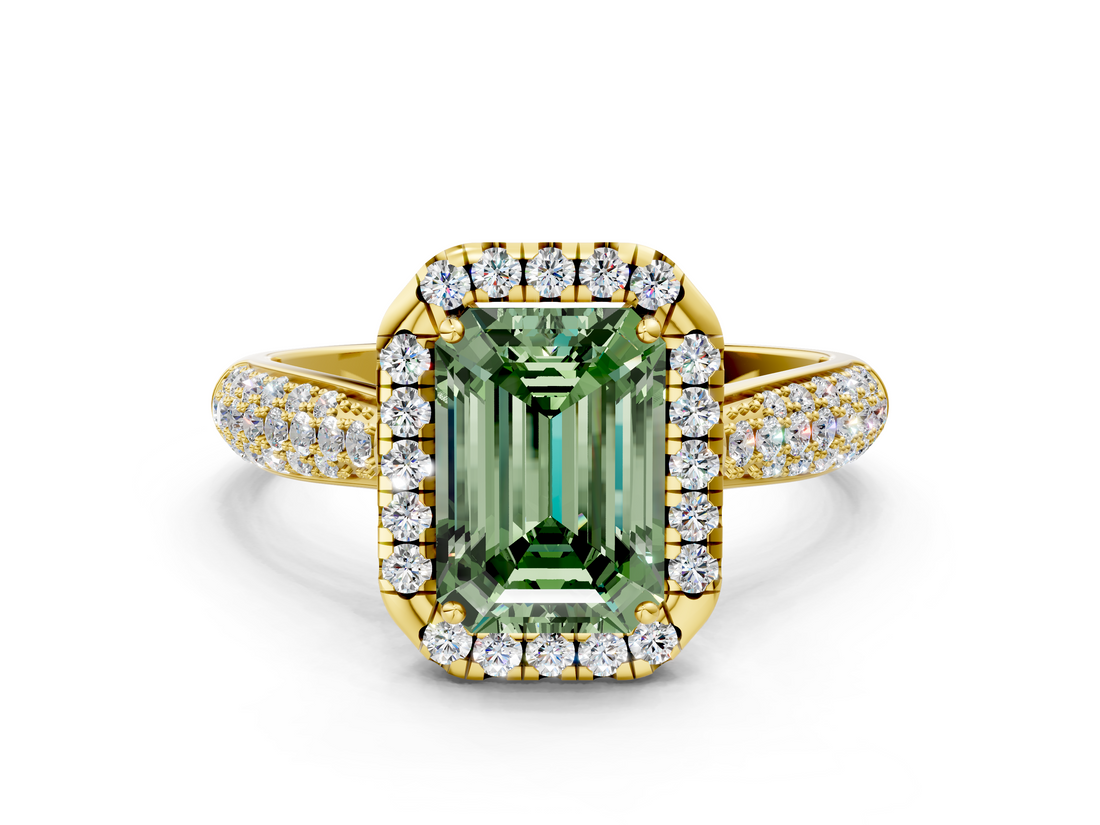 Yellow gold Fancy Green Emerald  Cut Halo Pave Band Four-Prong Setting Ring_37
