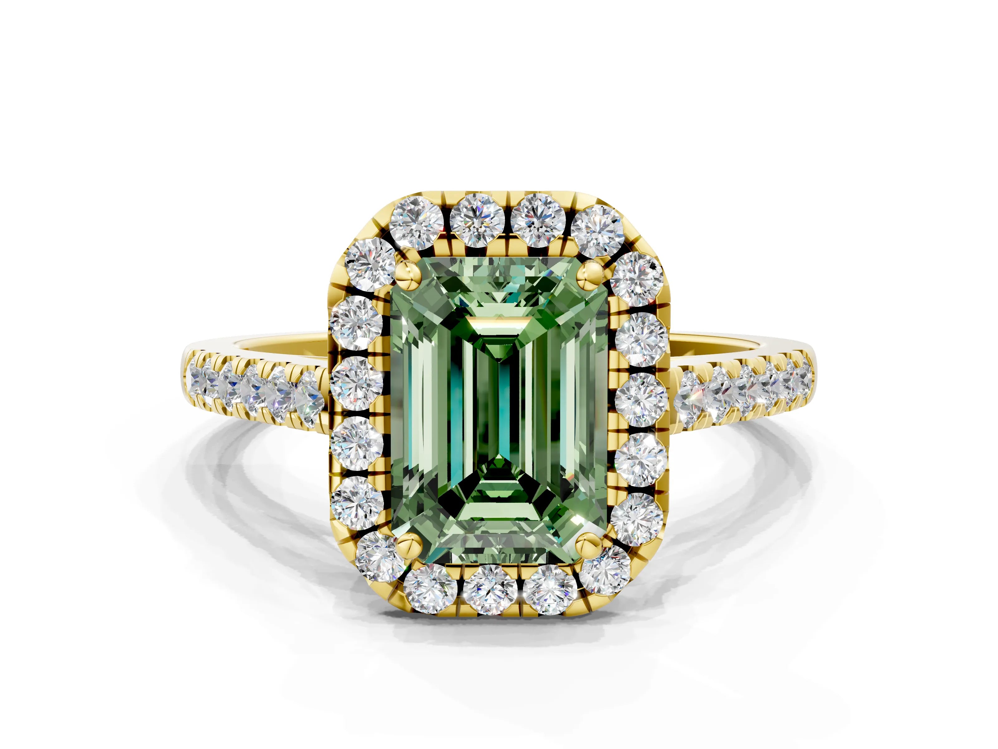 Yellow gold Fancy Green Emerald Cut Halo Pave Diamond Engagement Ring with Four-Prong Setting