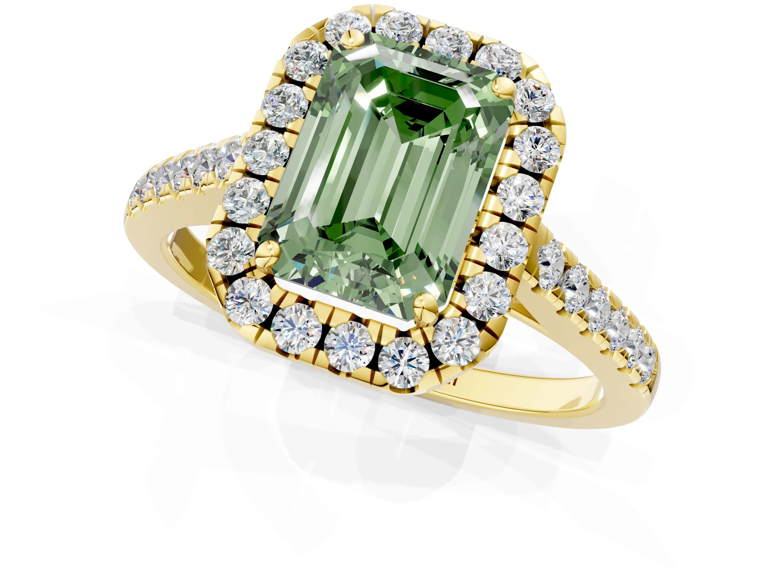 Yellow gold Fancy Green Emerald Cut Halo Pave Diamond Engagement Ring with Four-Prong Setting_1