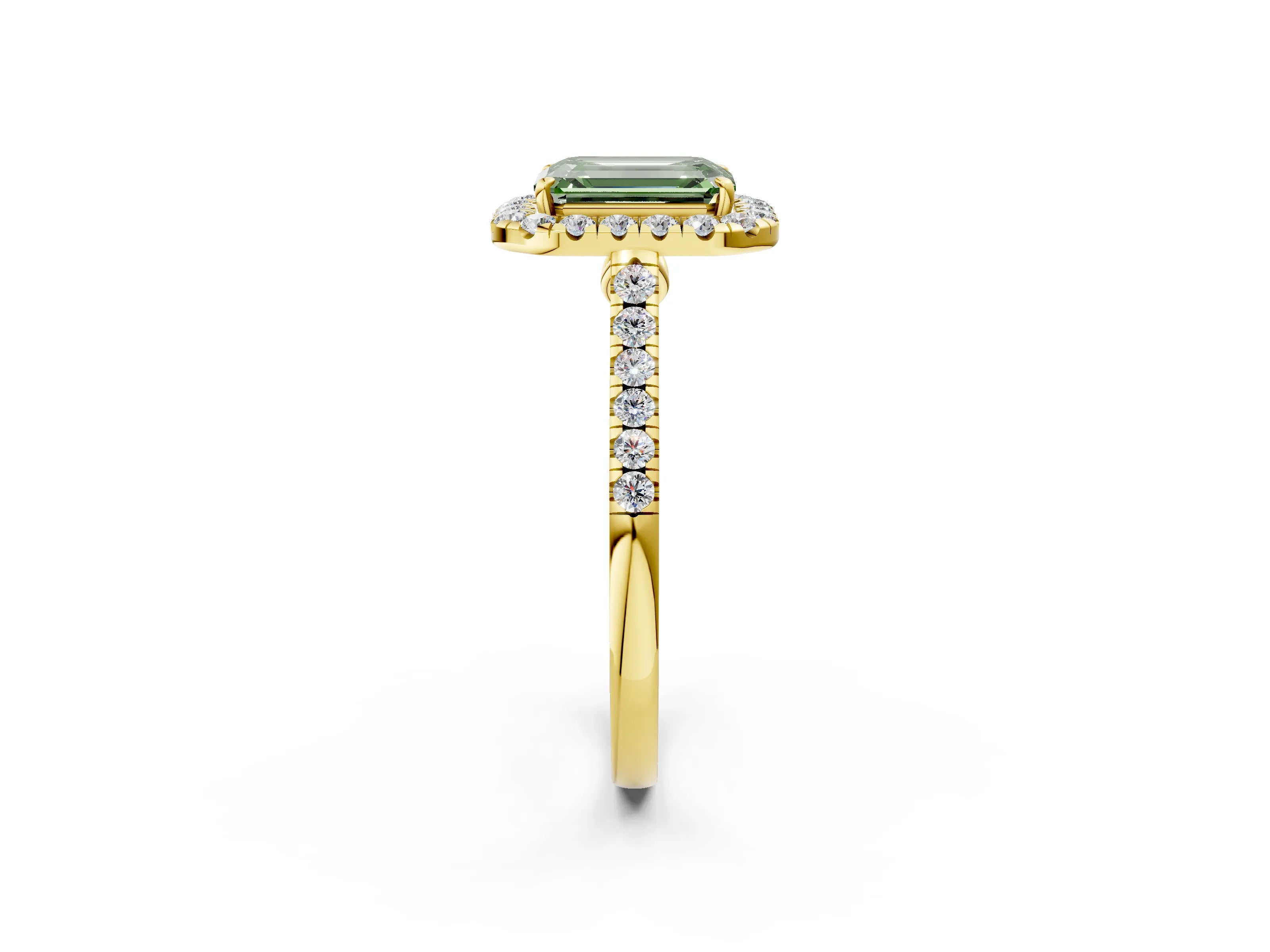 Yellow gold Fancy Green Emerald Cut Halo Pave Diamond Engagement Ring with Four-Prong Setting_2