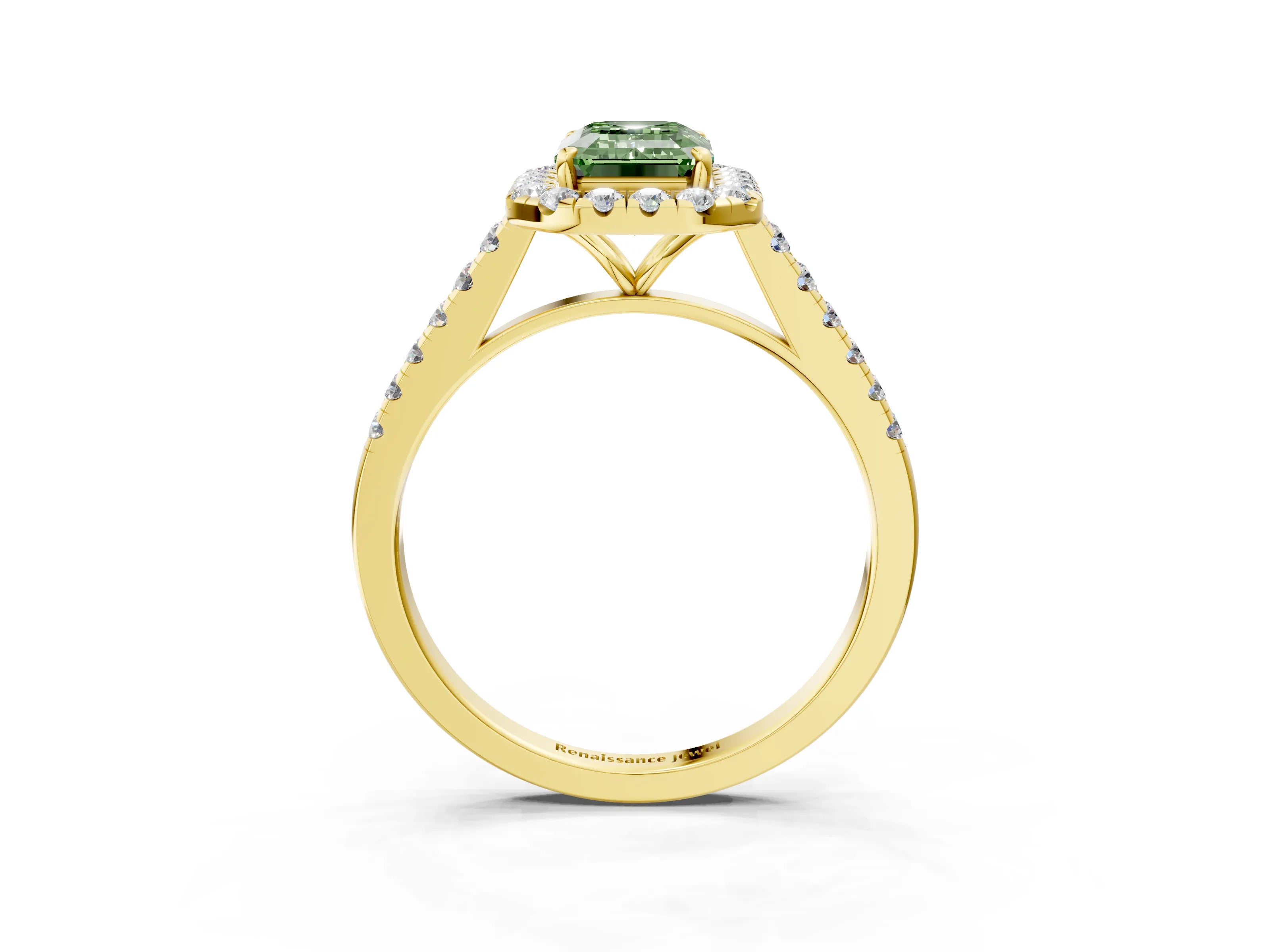 Yellow gold Fancy Green Emerald Cut Halo Pave Diamond Engagement Ring with Four-Prong Setting_3