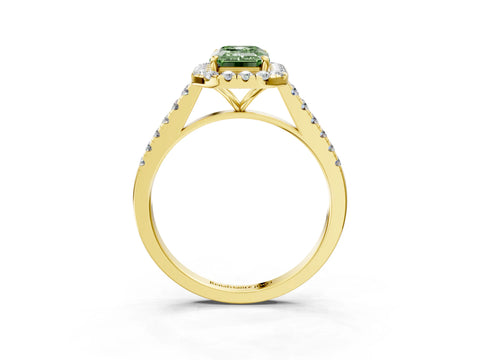 Yellow gold Fancy Green Emerald Cut Halo Pave Diamond Engagement Ring with Four-Prong Setting_3