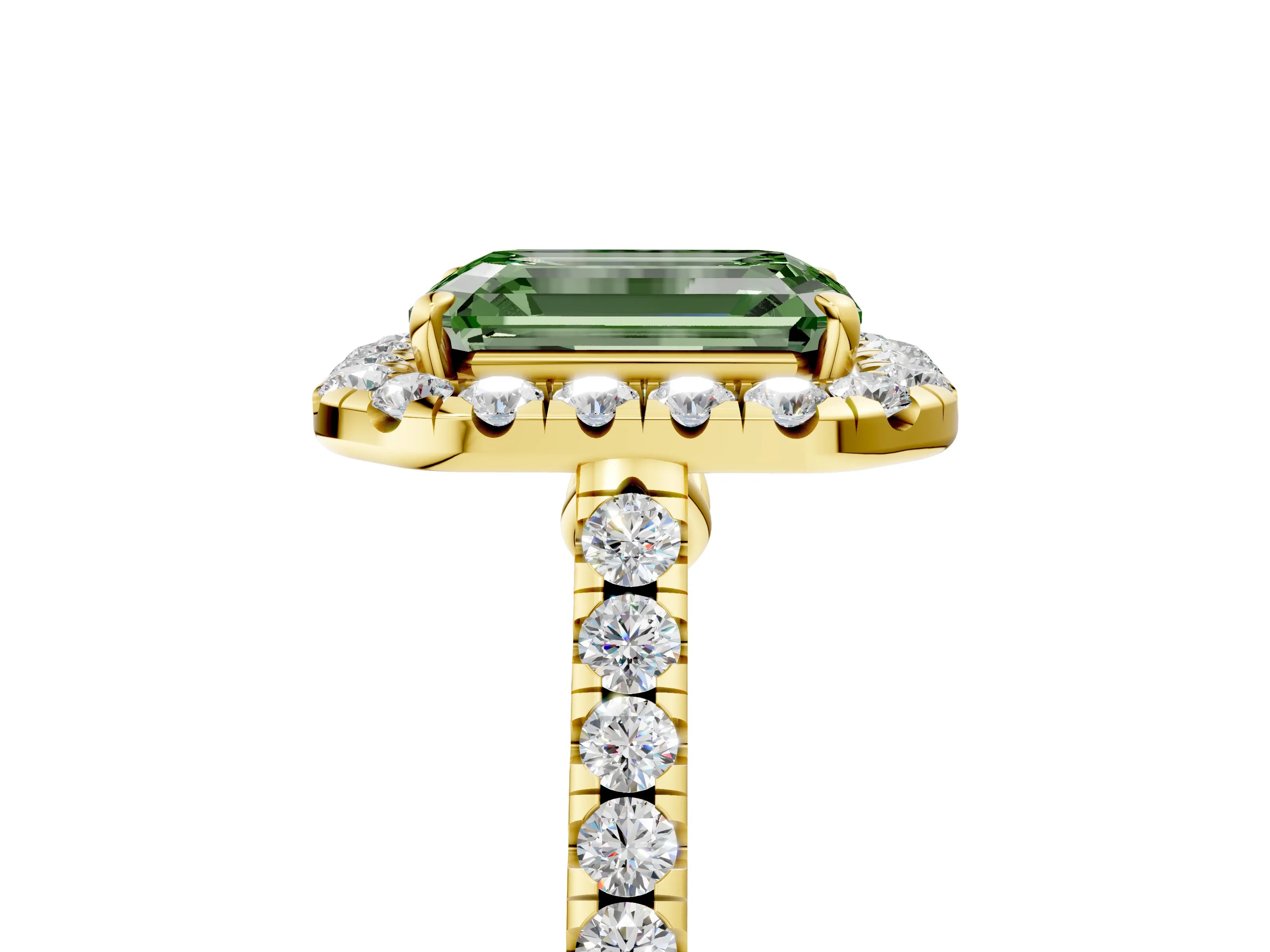 Yellow gold Fancy Green Emerald Cut Halo Pave Diamond Engagement Ring with Four-Prong Setting_5