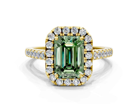 Yellow gold Fancy Green Emerald Cut Halo Pave Diamond Engagement Ring with Four-Prong Setting
