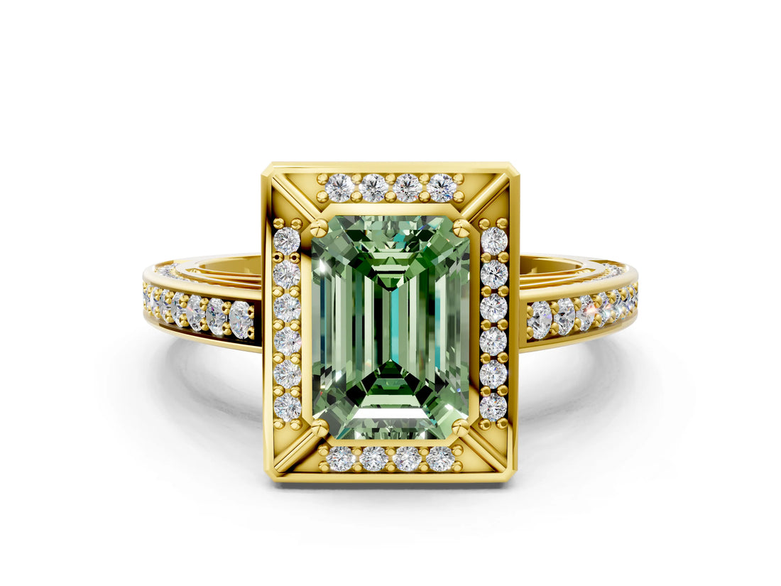 Yellow gold Fancy Green Emerald  Cut Halo Pave Split Shank Prong Setting Ring_32