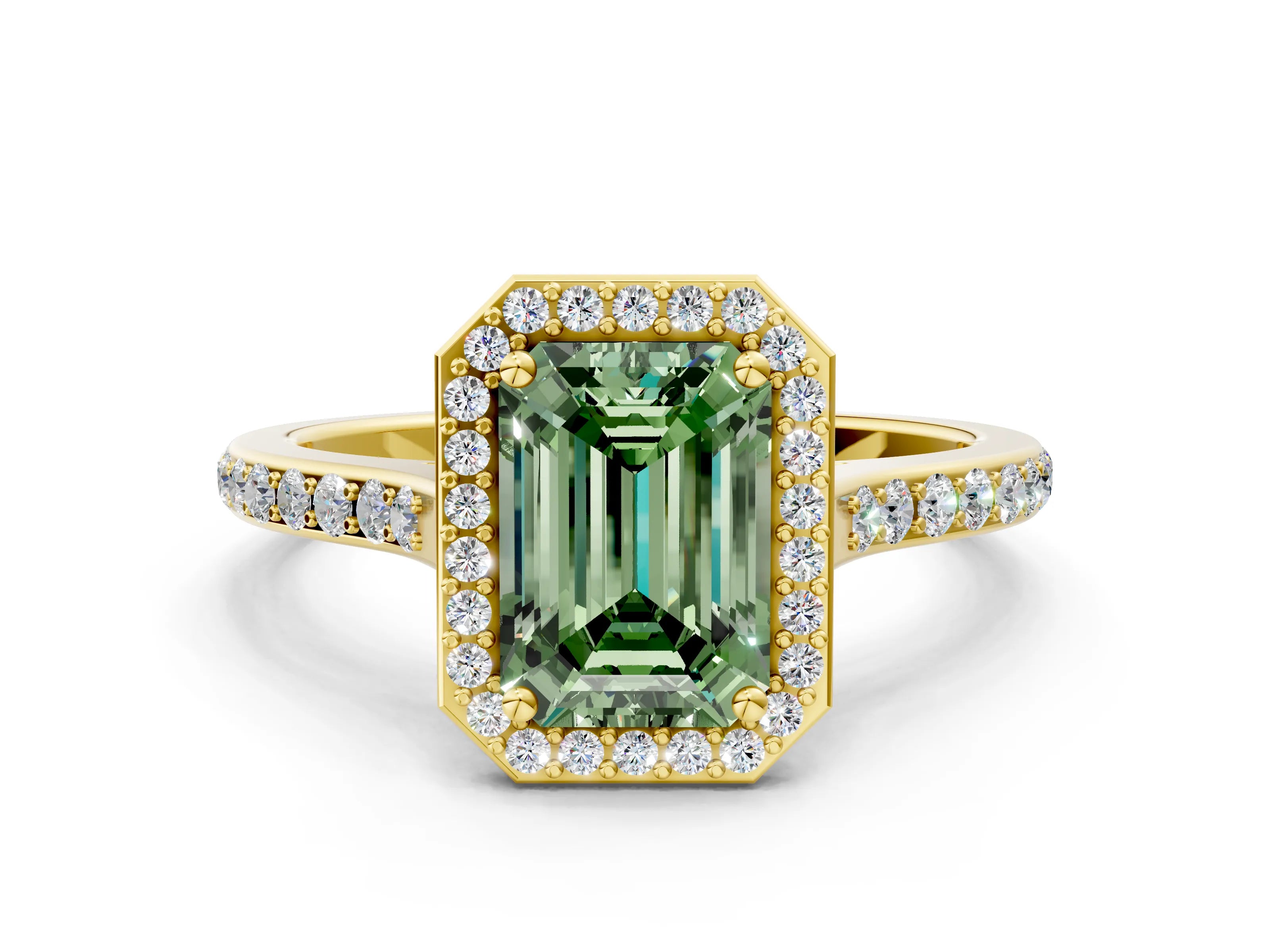 Yellow gold Fancy Green Emerald Cut Halo Round Diamond Pavé Band with Four-Prong Setting_3
