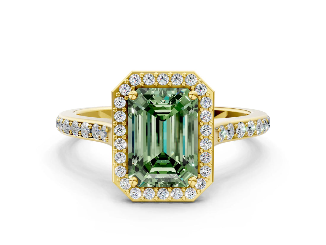 Yellow gold Fancy Green Emerald Cut Halo Round Diamond Pavé Band with Four-Prong Setting_3