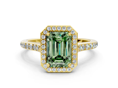 Yellow gold Fancy Green Emerald Cut Halo Round Diamond Pavé Band with Four-Prong Setting_3