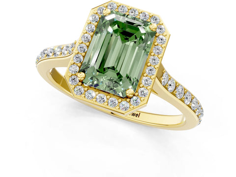 Yellow gold Fancy Green Emerald Cut Halo Round Diamond Pavé Band with Four-Prong Setting_4