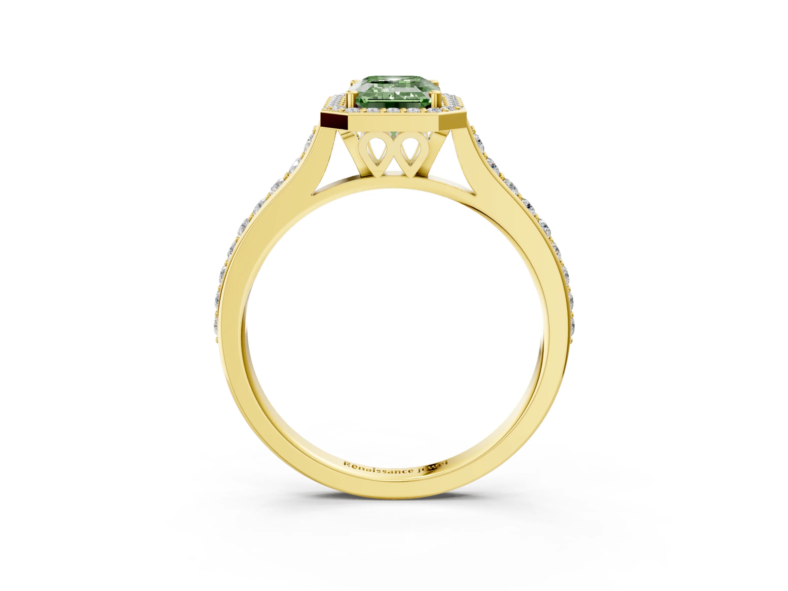 Yellow gold Fancy Green Emerald Cut Halo Round Diamond Pavé Band with Four-Prong Setting_6
