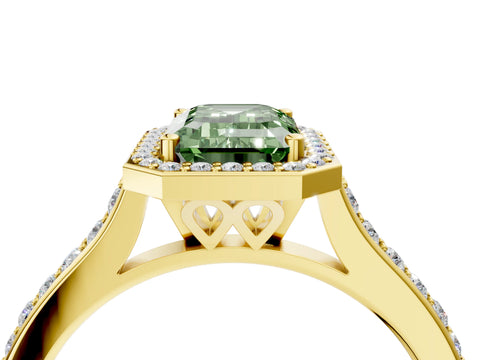 Yellow gold Fancy Green Emerald Cut Halo Round Diamond Pavé Band with Four-Prong Setting_7