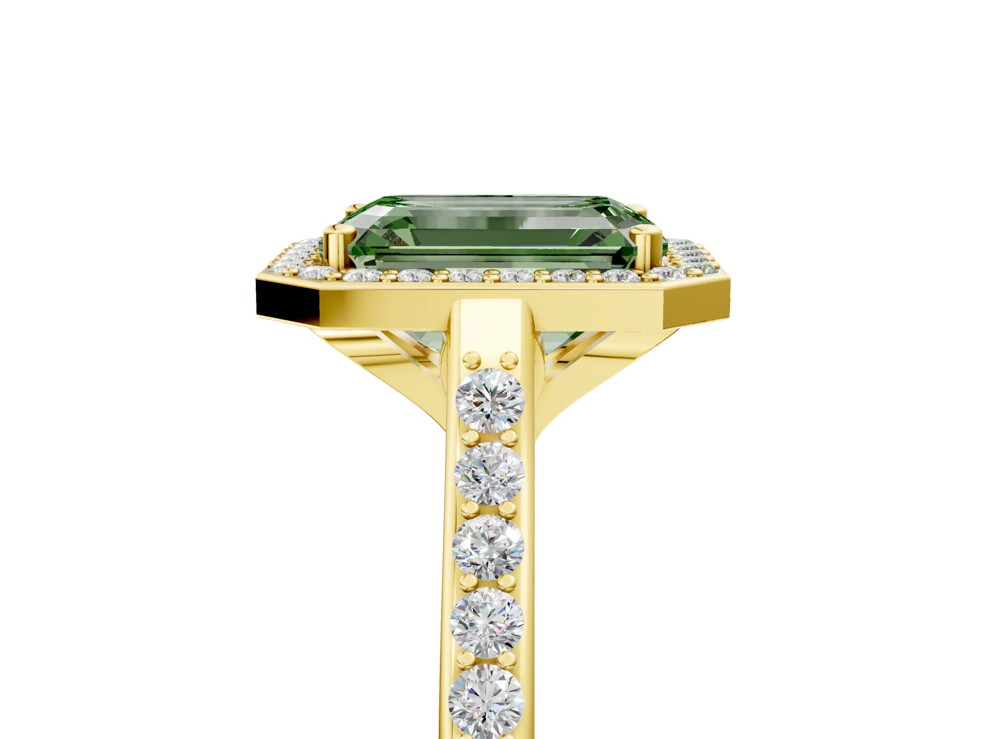Yellow gold Fancy Green Emerald Cut Halo Round Diamond Pavé Band with Four-Prong Setting_8