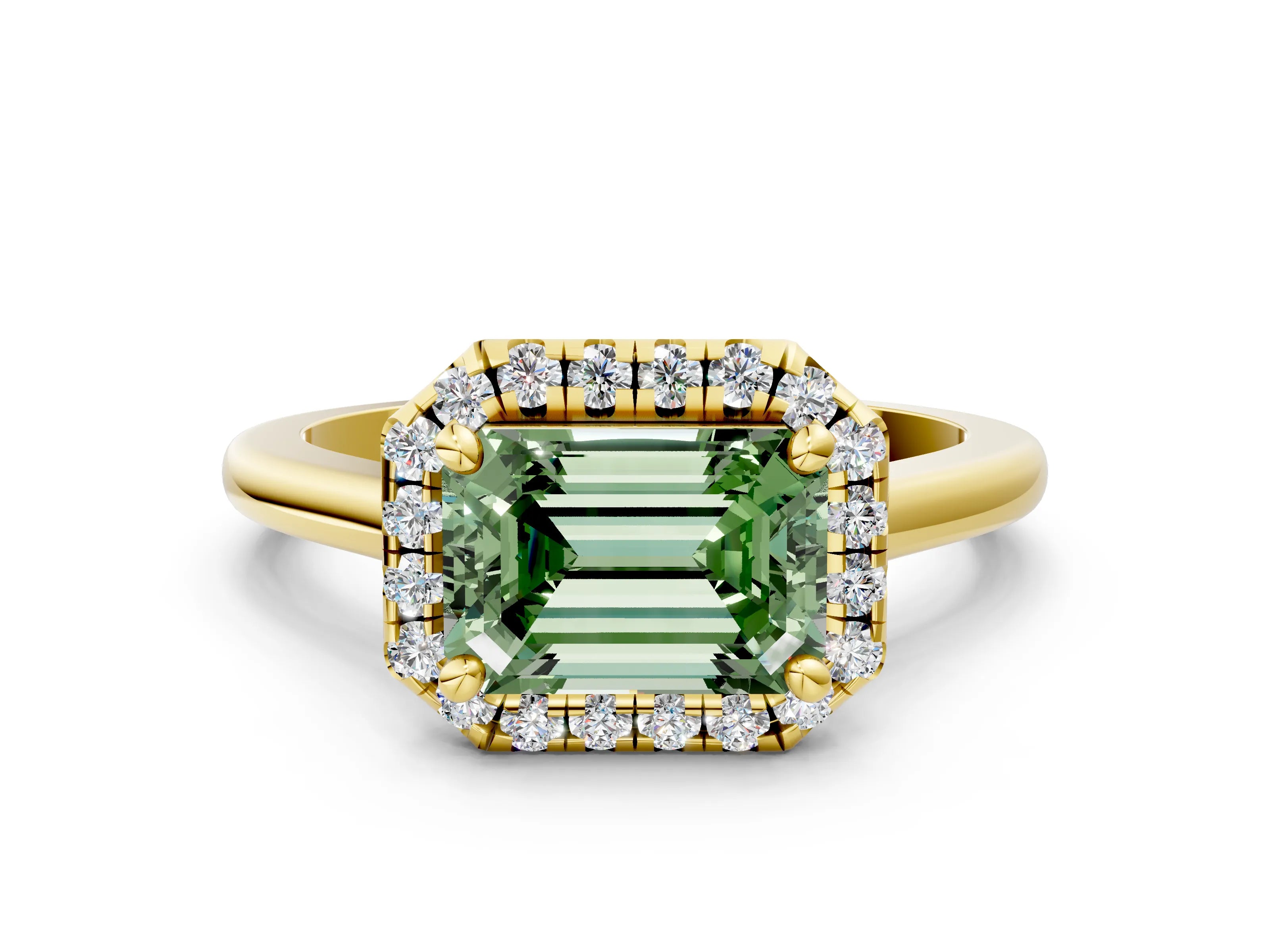 Yellow gold Fancy Green Emerald Cut Halo Round Diamond Solitaire Engagement Ring with Pave Band and Four-Prong Setting_12