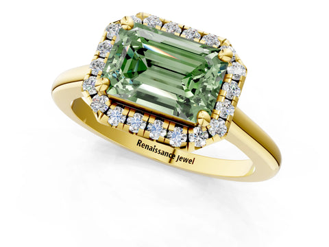 Yellow gold Fancy Green Emerald Cut Halo Round Diamond Solitaire Engagement Ring with Pave Band and Four-Prong Setting_13