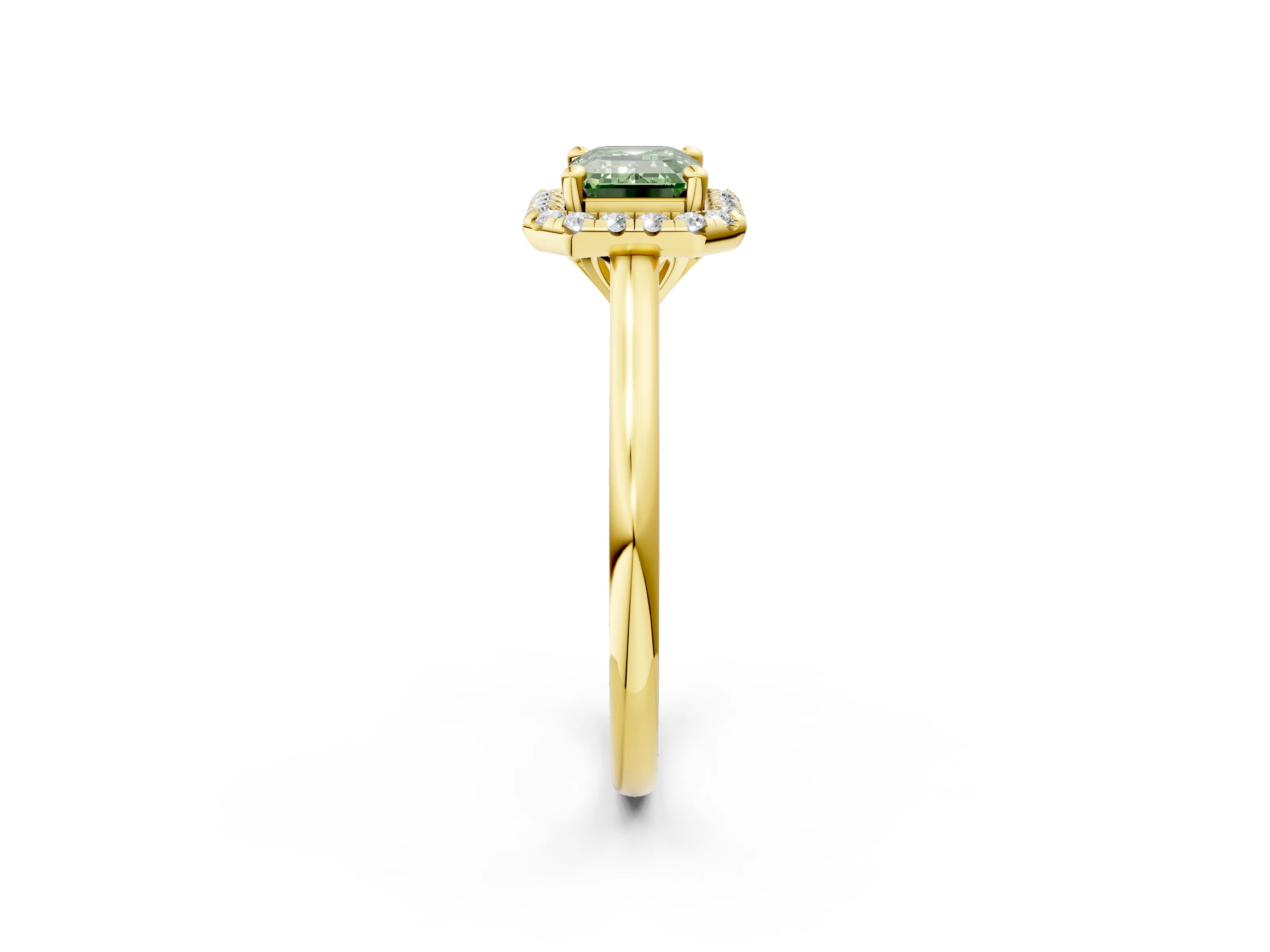 Yellow gold Fancy Green Emerald Cut Halo Round Diamond Solitaire Engagement Ring with Pave Band and Four-Prong Setting_14