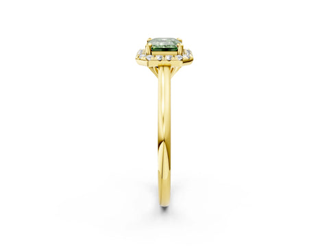 Yellow gold Fancy Green Emerald Cut Halo Round Diamond Solitaire Engagement Ring with Pave Band and Four-Prong Setting_14