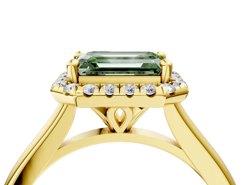 Yellow gold Fancy Green Emerald Cut Halo Round Diamond Solitaire Engagement Ring with Pave Band and Four-Prong Setting_16