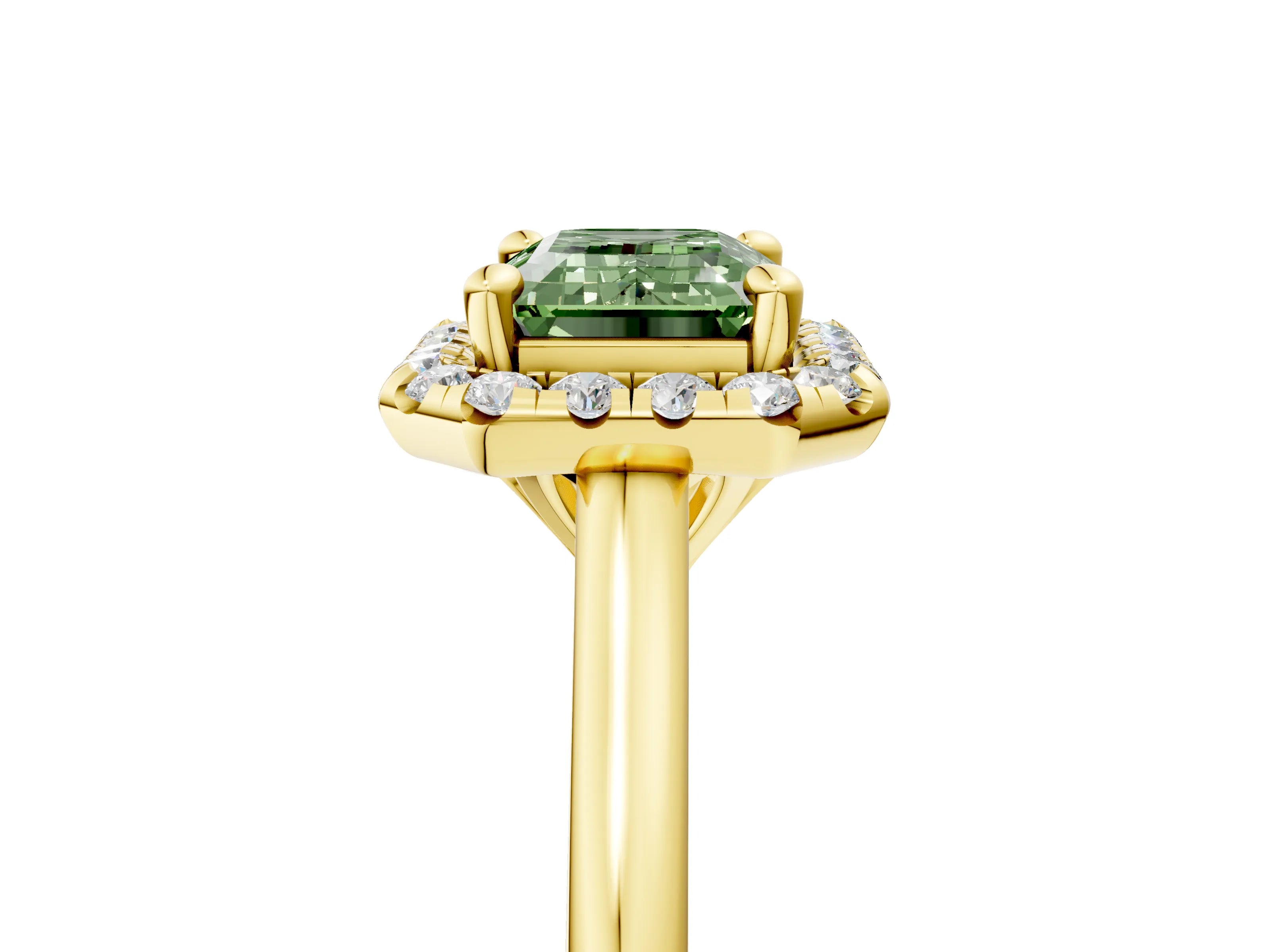 Yellow gold Fancy Green Emerald Cut Halo Round Diamond Solitaire Engagement Ring with Pave Band and Four-Prong Setting_17