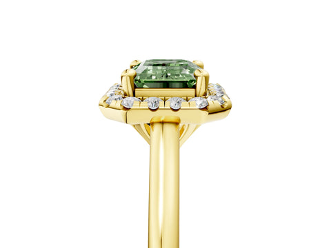 Yellow gold Fancy Green Emerald Cut Halo Round Diamond Solitaire Engagement Ring with Pave Band and Four-Prong Setting_17