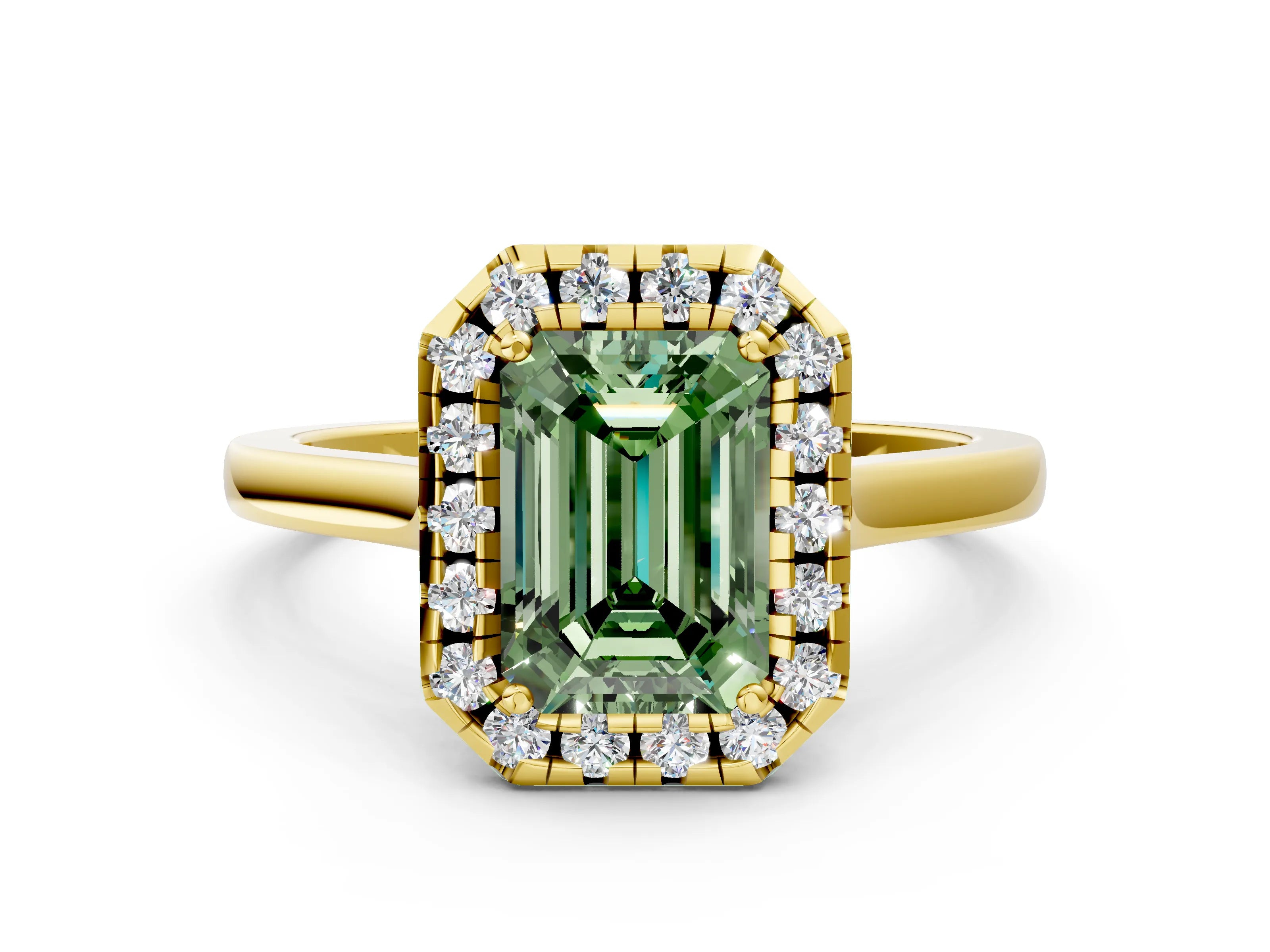Yellow gold Fancy Green Emerald Cut Halo Round Diamond Solitaire Ring with Pavé Band and Four-Prong Setting