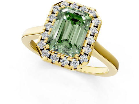Yellow gold Fancy Green Emerald Cut Halo Round Diamond Solitaire Ring with Pavé Band and Four-Prong Setting_1