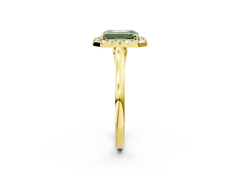 Yellow gold Fancy Green Emerald Cut Halo Round Diamond Solitaire Ring with Pavé Band and Four-Prong Setting_2