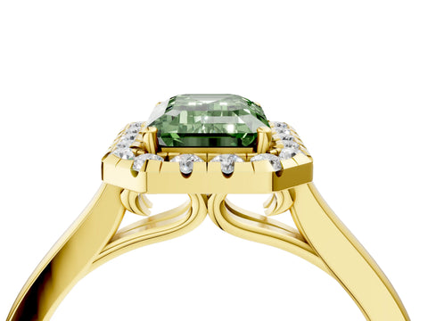 Yellow gold Fancy Green Emerald Cut Halo Round Diamond Solitaire Ring with Pavé Band and Four-Prong Setting_4