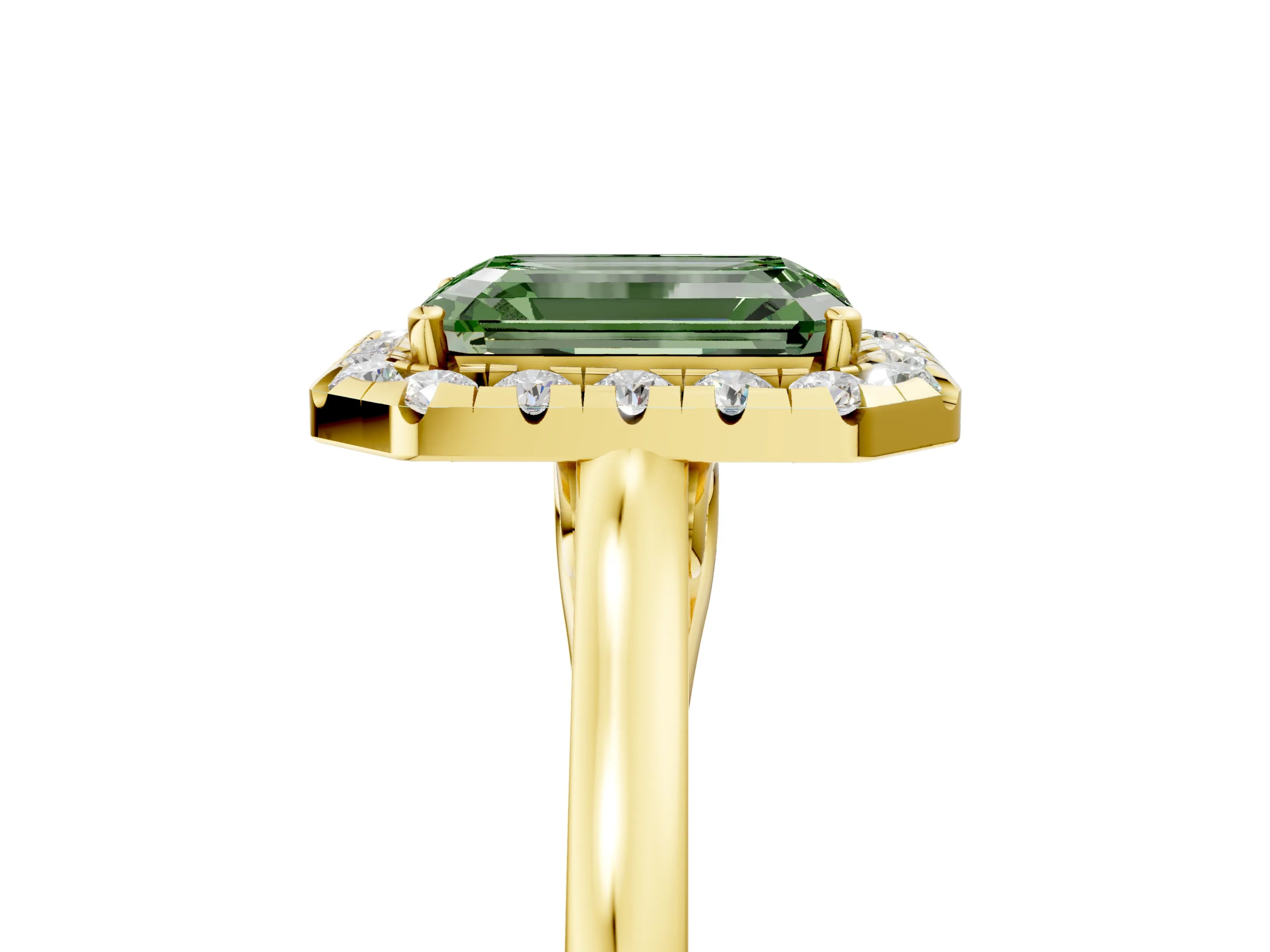 Yellow gold Fancy Green Emerald Cut Halo Round Diamond Solitaire Ring with Pavé Band and Four-Prong Setting_5