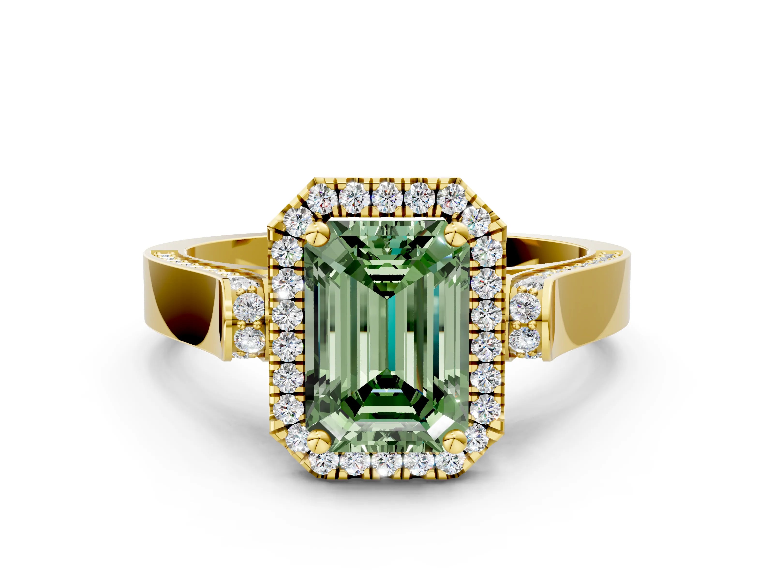 Yellow gold Fancy Green Emerald Cut Halo Round Diamond Twist Band with Four-Prong Setting