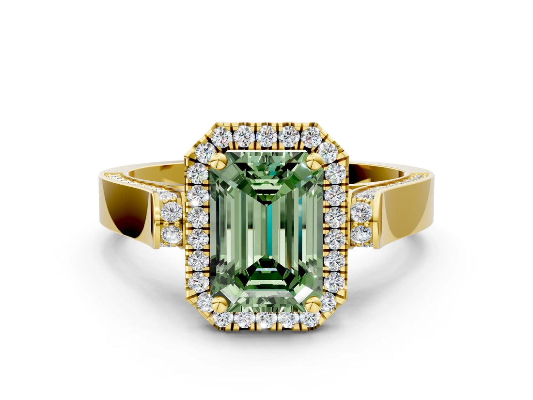 Yellow gold Fancy Green Emerald Cut Halo Round Diamond Twist Band with Four-Prong Setting