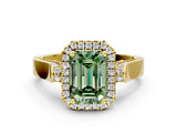 Yellow gold Fancy Green Emerald Cut Halo Round Diamond Twist Band with Four-Prong Setting