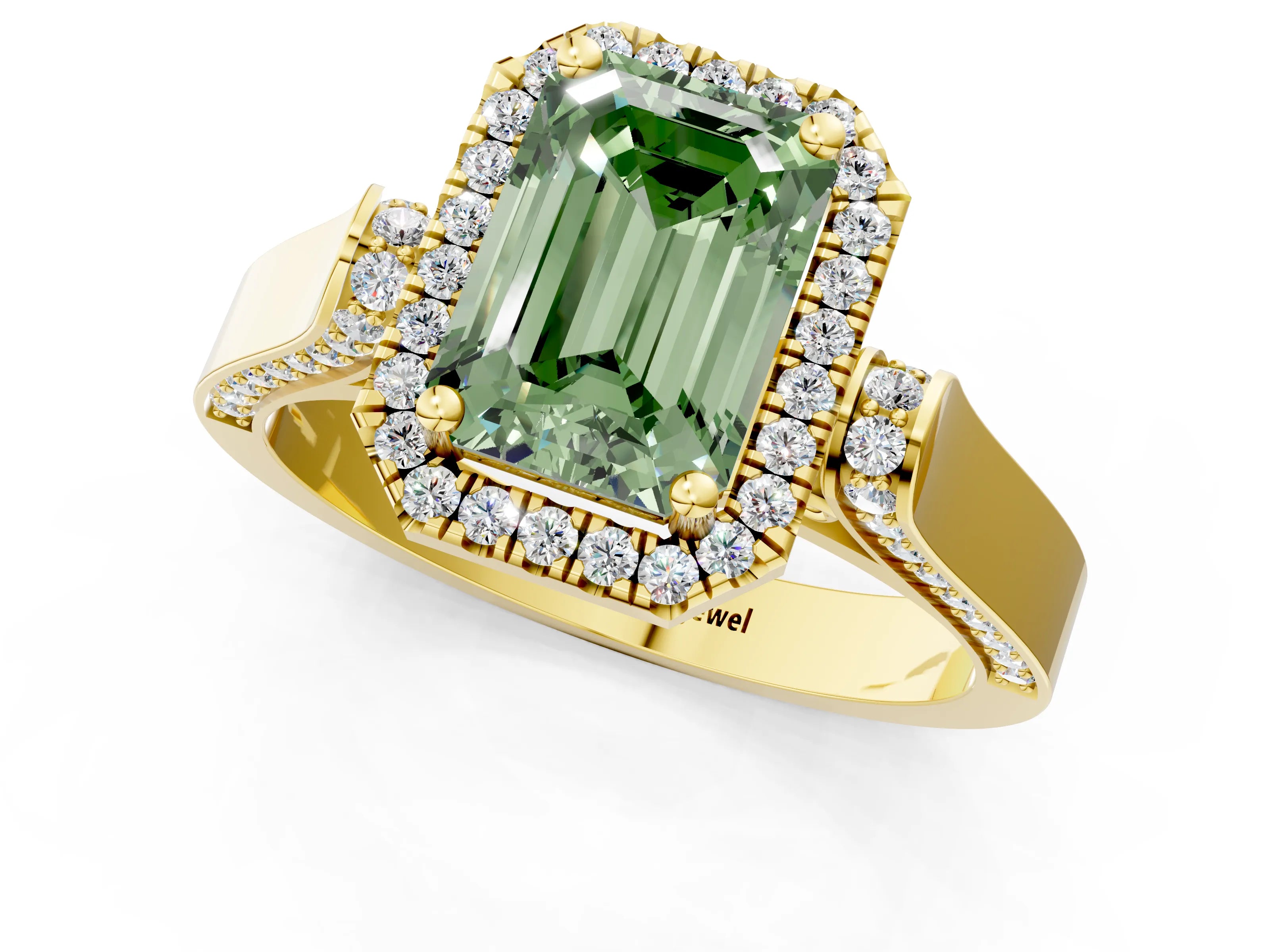 Yellow gold Fancy Green Emerald Cut Halo Round Diamond Twist Band with Four-Prong Setting_1