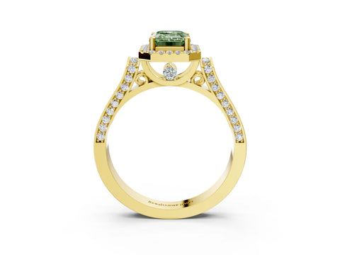 Yellow gold Fancy Green Emerald Cut Halo Round Diamond Twist Band with Four-Prong Setting_3
