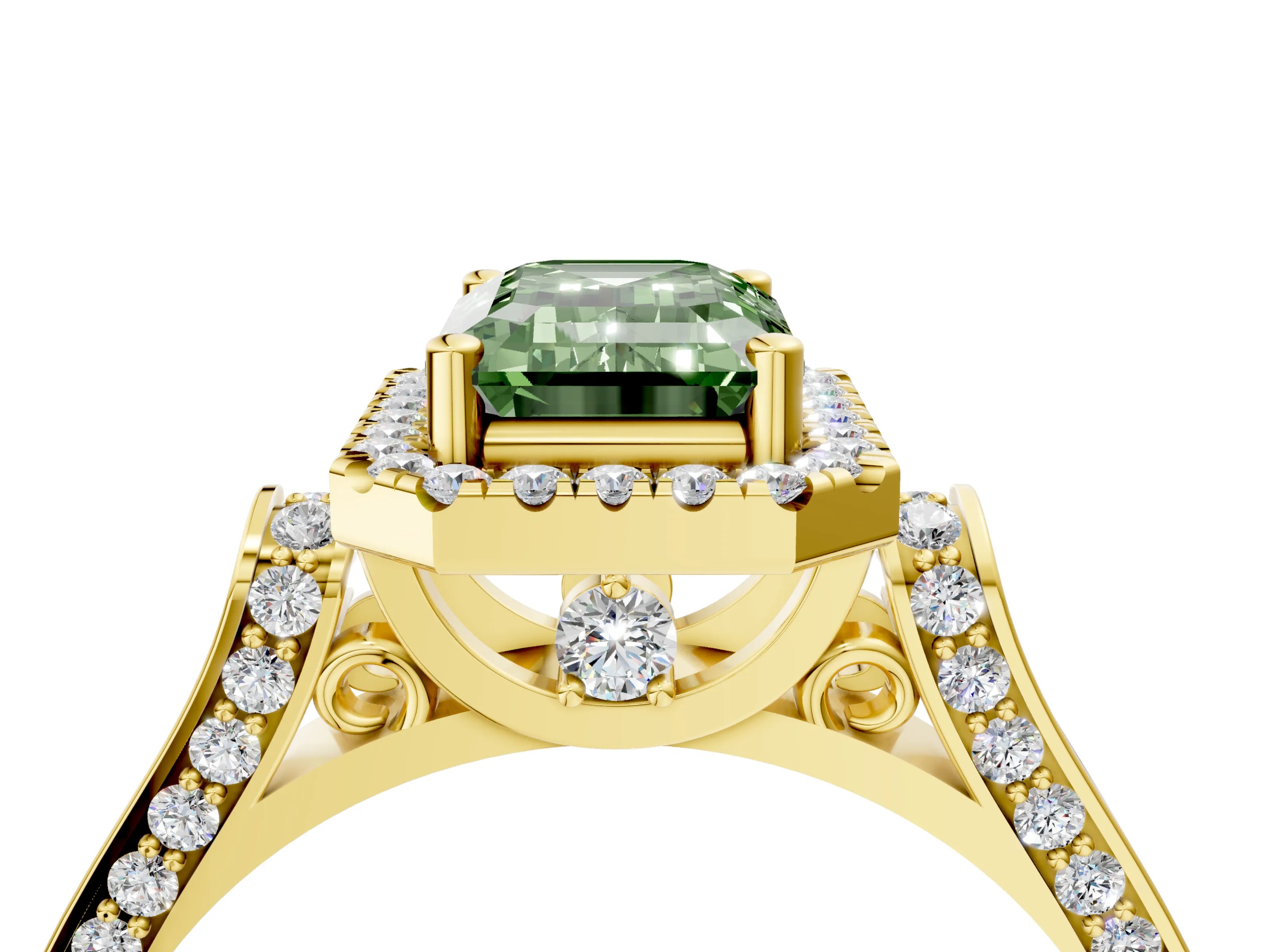 Yellow gold Fancy Green Emerald Cut Halo Round Diamond Twist Band with Four-Prong Setting_4