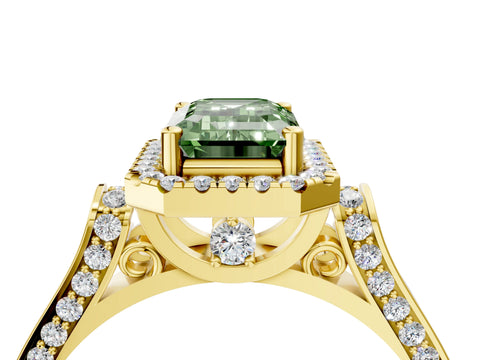 Yellow gold Fancy Green Emerald Cut Halo Round Diamond Twist Band with Four-Prong Setting_4