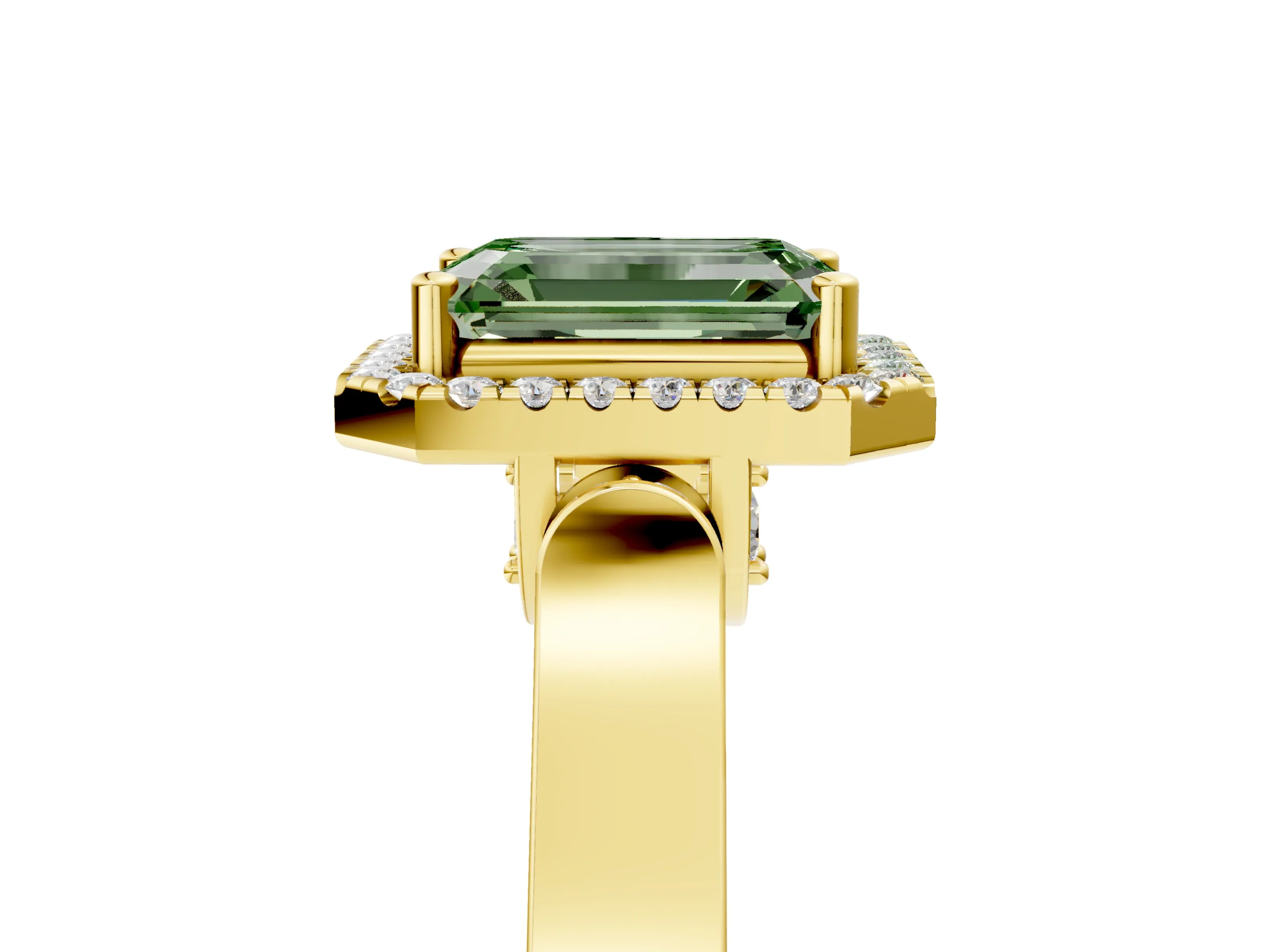 Yellow gold Fancy Green Emerald Cut Halo Round Diamond Twist Band with Four-Prong Setting_5