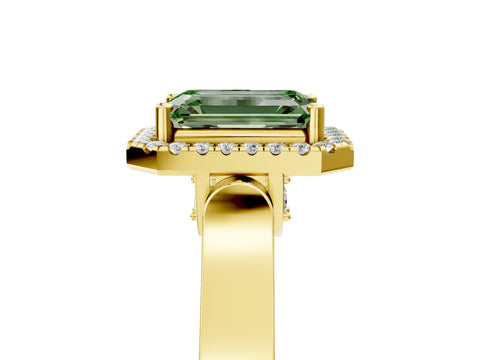 Yellow gold Fancy Green Emerald Cut Halo Round Diamond Twist Band with Four-Prong Setting_5