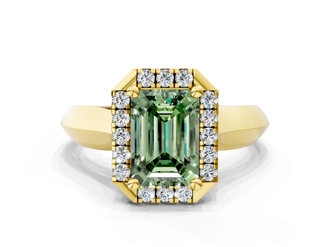 Yellow gold Fancy Green Emerald  Cut Halo Solitaire Engagement Ring with Square Band and Four-Prong Setting_114