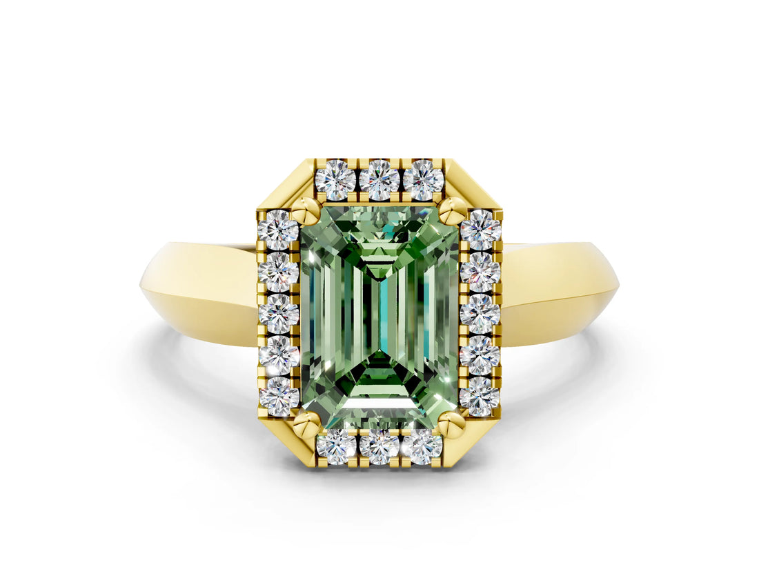 Yellow gold Fancy Green Emerald  Cut Halo Solitaire Engagement Ring with Square Band and Four-Prong Setting_66