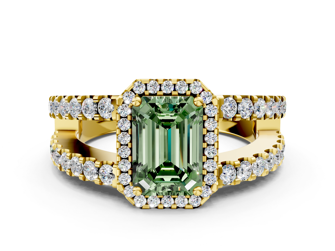 Yellow gold Fancy Green Emerald  Cut Halo Split Shank Diamond Ring with Four-Prong Setting_45