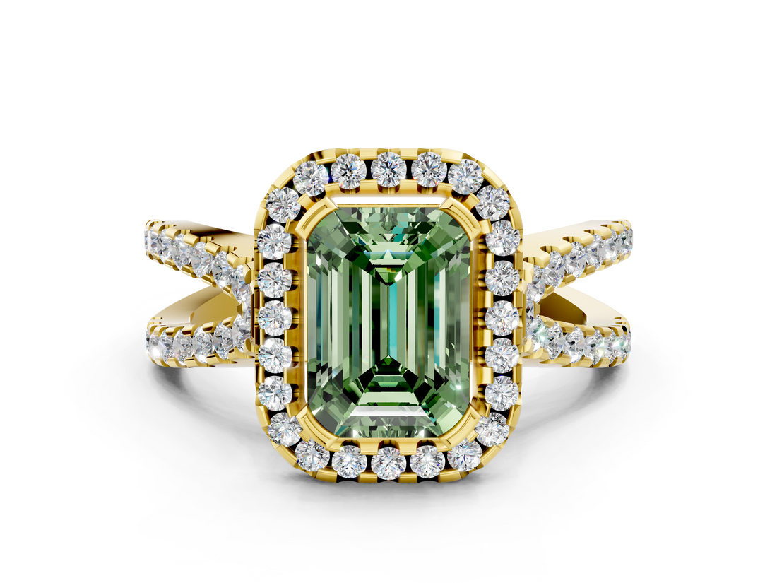 Yellow gold Fancy Green Emerald  Cut Halo Split Shank Pave Set Ring_61