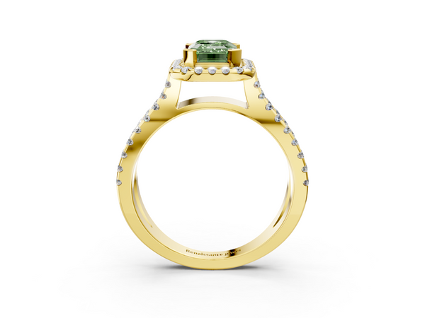 Yellow Gold Emerald Cut Halo Split Shank Engagement Ring Setting for Fancy Green Center