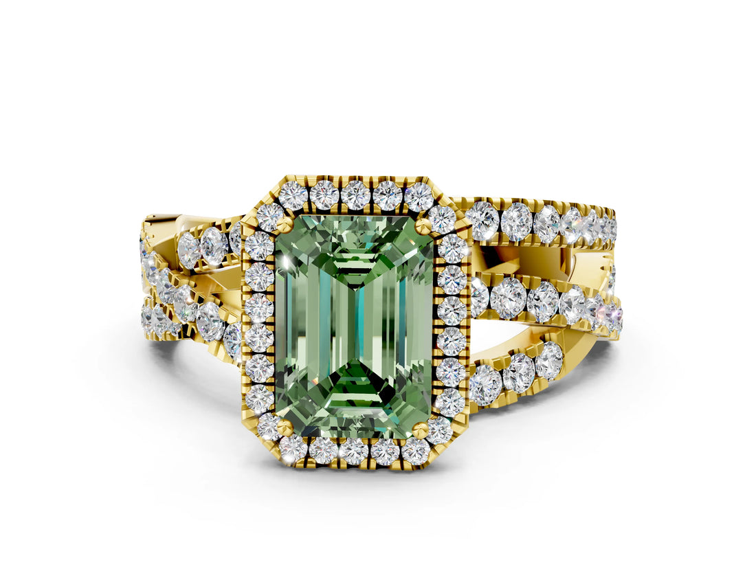 Yellow gold Fancy Green Emerald  Cut Halo Split Shank Prong Setting Ring_12