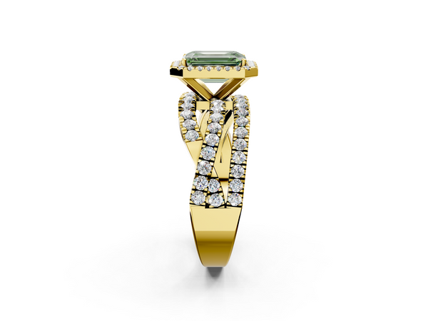 Yellow gold Fancy Green Emerald  Cut Halo Split Shank Prong Setting Ring